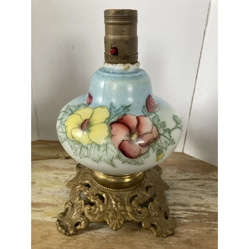 Antique vintage hand painted glass lamp blue with red yellow flowers cast base